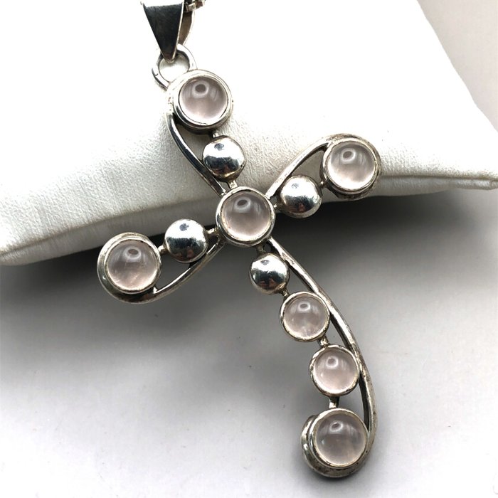 No Reserve Price - Kruis rozenkwarts - Necklace Silver 