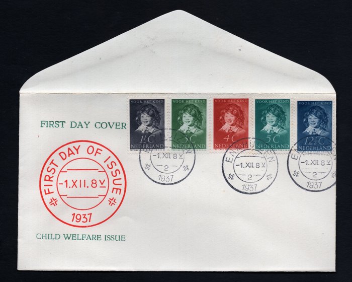 Niederlande 1937 - Kinderbriefmarken auf Sluis-Umschlag – Kostenloser Versand weltweit - NVPH S8 met 300 t/m 304