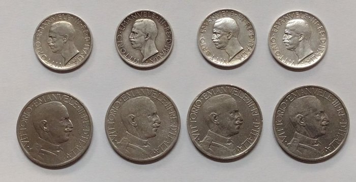 Italia, Regno d’Italia. Vittorio Emanuele III di Savoia (1900-1946). Lotto 8 monete (4 in argento) 1923/1930  (Senza Prezzo di Riserva)