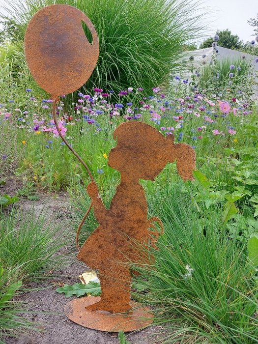 Statue, Silhouette girl with balloon - 69 cm - Eisen (geschmiedet)