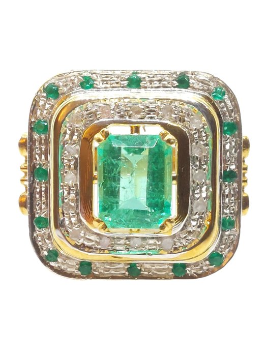 No Reserve Price - Ring - 9 kt. Silver, Yellow gold Emerald - Diamond 