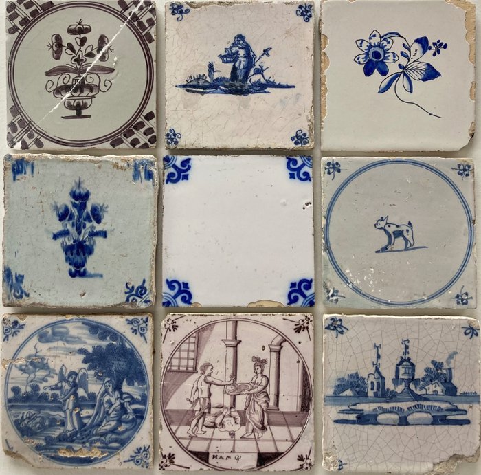 瓷磚 - 帶有城堡的代爾夫特藍色瓷磚、三朵鬱金香、聖經、毛衣、弗里斯蘭花（免費出價） - 1600-1650 