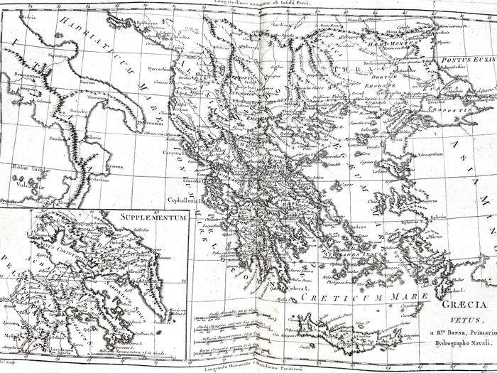 Europa, Mapa - Grecja / Ateny / Kreta / Włochy; Rigobert Bonne - Graecia Vetus - 1781-1800