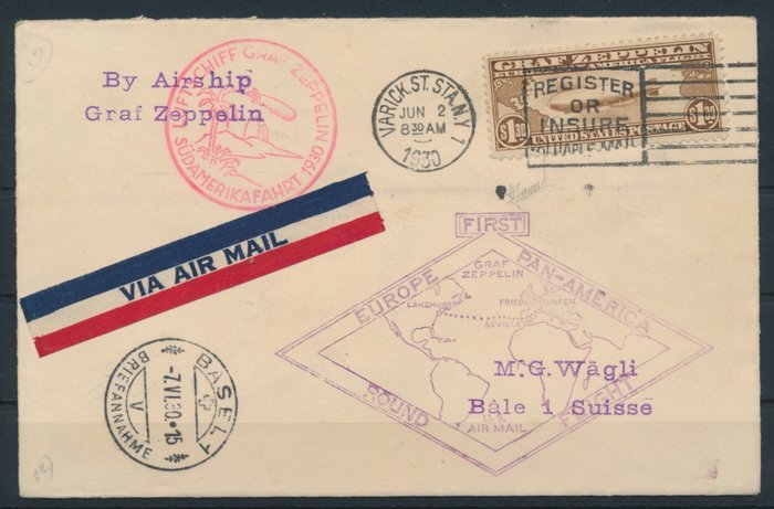 德意志帝國 - 齊柏林郵報 - 1930 - 齊柏林飛船南美之旅，1.30歐元從美國到瑞士，真運輸 - Michel Nr. 327 - selten -