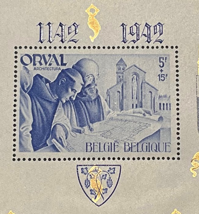 Belgien 1942 - Orval blok med CURIOSITY: "Forkert tryk: blå gotisk i stedet for rød tryk på takket blok" - OBP BL24-Cu
