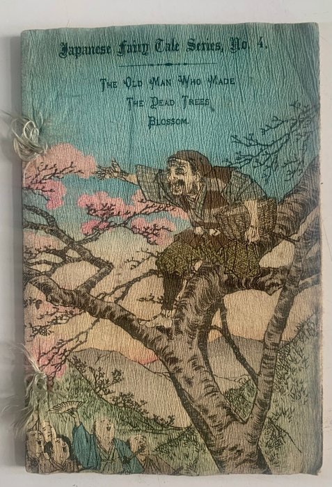 Japanese Fairy Tales N°4 'THE MAN WHO MADE THE DEAD TREES BLOSSOM.' - 1889 - Chirimen-bon 縮緬本 (crepe paper) illustrated book - Published by Kobunsha - Japan -  Meiji-periode (1868 – 1912)