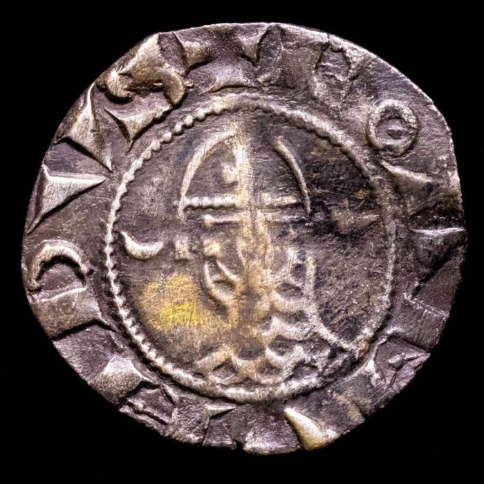 Principality of Antioch. Bohémond III. Denier Circa 1163-1188 A.D.  +ANTIOCHIA, cross pattée; crescent in third angle.  (No Reserve Price)