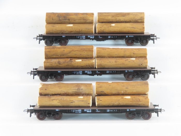 M+D/Klein Modellbahn H0 - 099 - 模型貨運火車組合 (1) - 裝載樹幹的樁車 3 件套 - DB