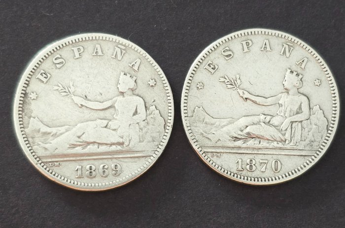 Spanien. Provisional Government (1868-1871). 2 Pesetas 1869 (*18-69) SNM / 1870 (18*74) DEM (2 moedas)  (Ingen mindstepris)