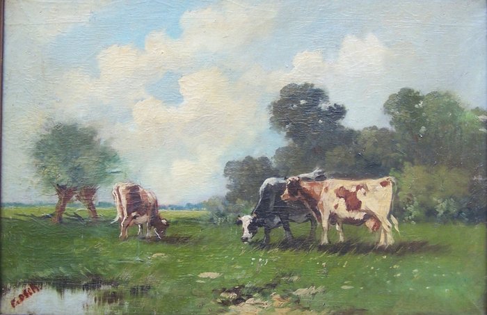F. van Osch (XX) - Landschap met koeien