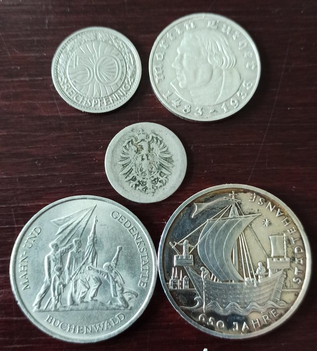 Deutschland, Reich. 50 Reichspfennig, 2 Reichsmark, 10 Mark DDR, 10 Euro 1928,1935,1972 + 2006  (Ohne Mindestpreis)
