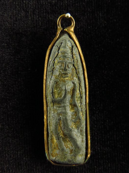 Mittelalterlich Bronze Walking Buddha oder Phra Pang Leela Amulett im Messinggehäuse - 4.2 cm  (Ohne Mindestpreis)
