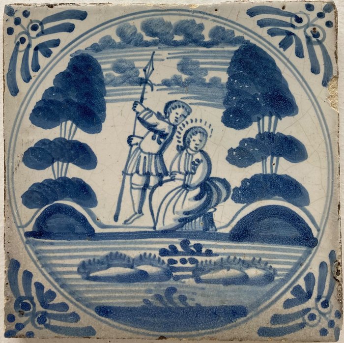 瓷磚 - 代爾夫特藍聖經磁磚，上面有一個拿著矛的人 - 1700-1750 