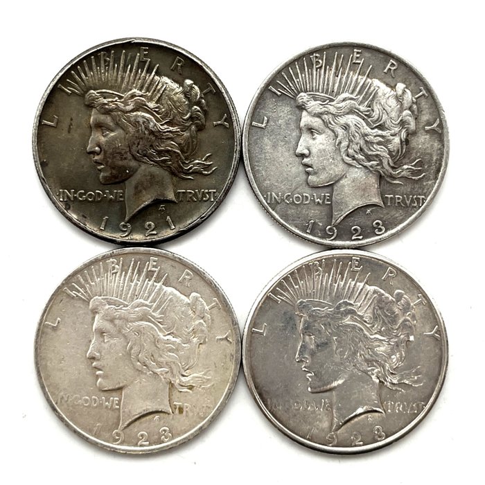 美国. One Dollar "Peace" 1921/1923 (lot de 4 monnaies)  (没有保留价)