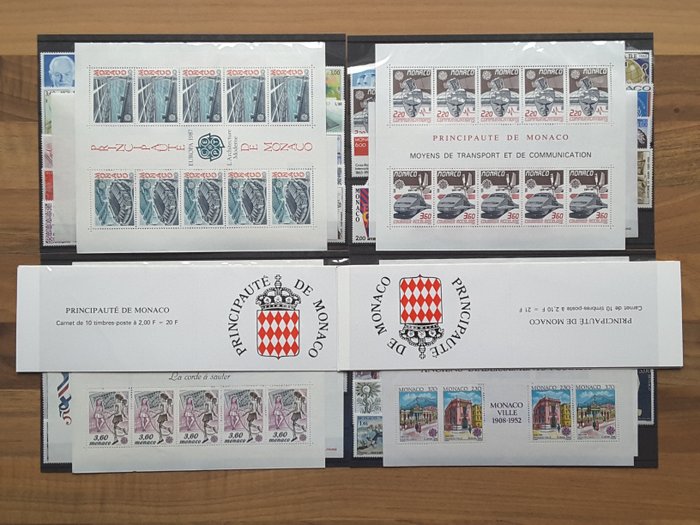 Monaco 1987/1990 - 4 teljes évnyi aktuális bélyeg emléklapokkal, előtörlésekkel és füzetekkel - Yvert 1562 à 1752 sans les non émis, BF 37, 39a, 41, 46, 49, préo 94 à 109, carnets 1 à 6