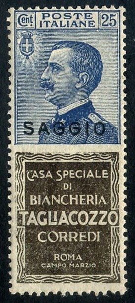 Italy 1924 - Advertising 25 c. Tagliacozzo with ESSAY overprint. Very well centered. Signed Diena - Sasssone N. 8