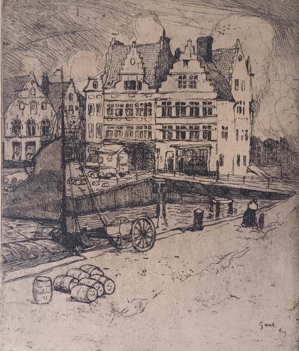 Marten Van der Loo (1880-1920) - Oude huisjes en binnenhaven te Gent