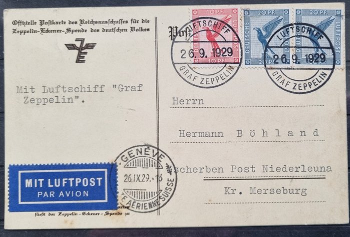 德意志帝國 1929 - 齊柏林飛船郵件 1929 年第一次瑞士之旅，從日內瓦出發 LZ 127，機上郵件，罕見 - Michel 35 I g