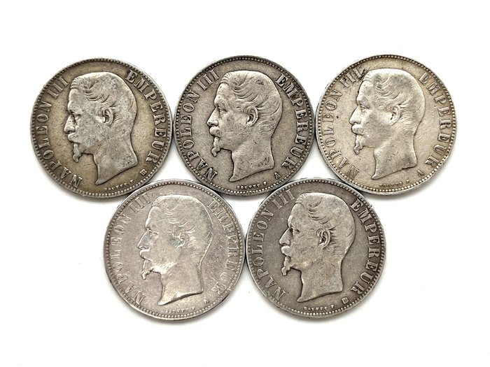 Frankrike. Napoléon III (1852-1870). 5 Francs 1855/1856 (lot de 5 monnaies)  (Ingen reservasjonspris)