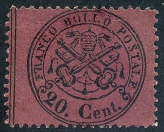 意大利古城邦-教皇国 1868 - 20 美分，棕红色，刻痕良好。 - Sassone N. 27