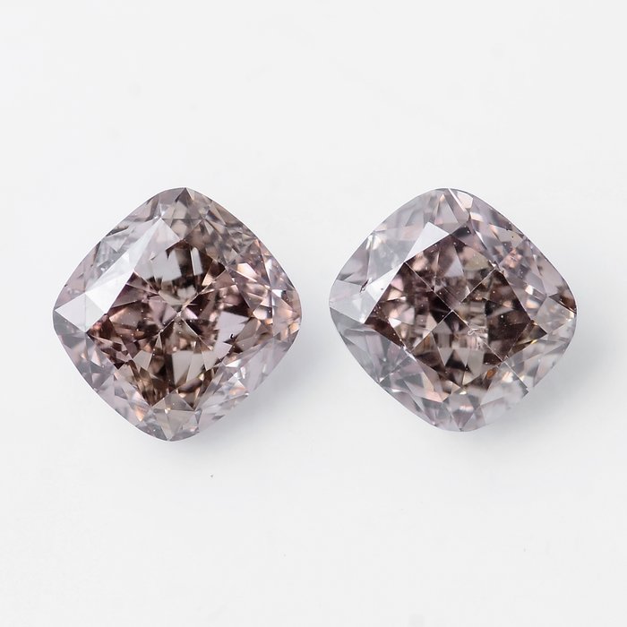 2 pcs 鑽石 - 1.02 ct - 明亮型, 枕形 - 艷啡色 - SI2