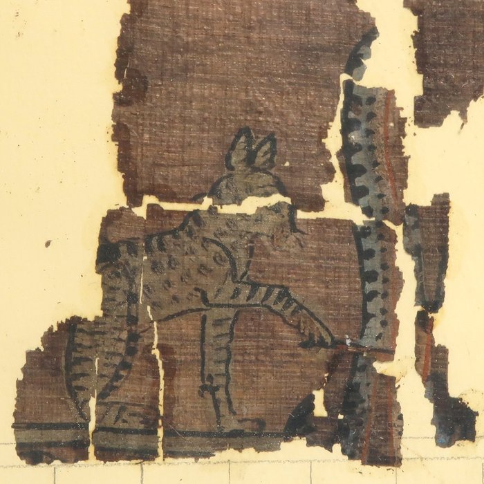 Ókori egyiptomi Papirusz Papirusz töredékei Amun-Rével, mint egy macska, aki megöli a sötétség istenét Apophis (kígyó)