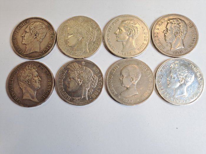 比利時, 法國, 西班牙. Lotto di 8 monete modulo Scudo 1831/1851