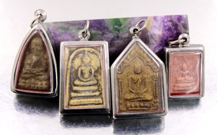 4 Talismans / Amulets for Meditation Protection Reliquaries - Buddha - Thailand  (No Reserve Price)