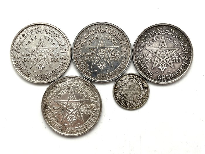 Maroc (protectorat français). Lot de 5 monnaies en argent (100 Francs et 500 Francs) 1953/1956  (Sans Prix de Réserve)