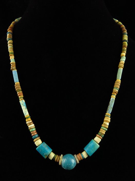 古埃及 由彩陶、贝壳和玻璃木乃伊珠制成的项链 - 45 cm  (没有保留价)