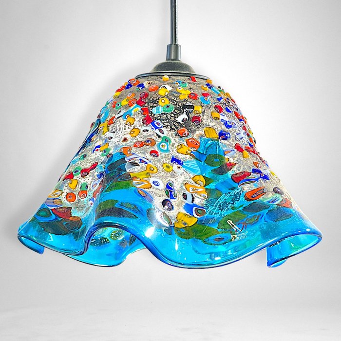 Imperio Rossi - Hängelampe - Hellblaue Lampe mit Blattsilber und Wildblumen-Murrine - Glas