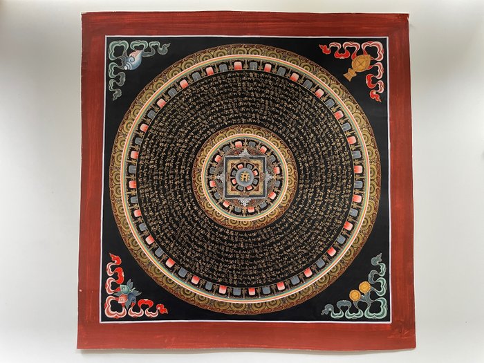 Mandala Mantra Ohmin kanssa - Puuvillakangas - Traditioneel Tibetaans Schilderij - Tiibet - People's Republic of China (1949 - present)