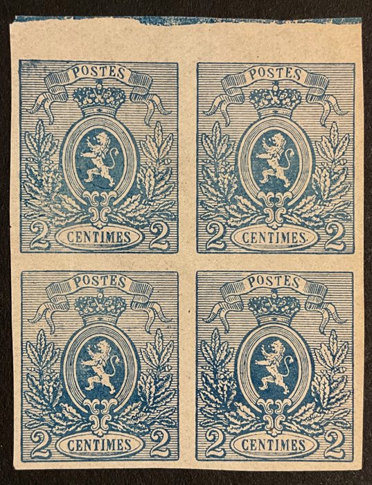 Belgien 1866/1867 - Kleiner Löwe – 2c Blau – Tiefe Farbe – UNZAHN im 4er-Block - OBP 24ND