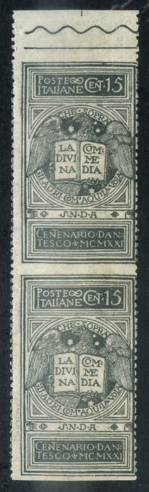 Italia 1921 - Dante c.15 grå ikke utstedt, par ikke hakket horisontalt. Fin variasjon - Sassone N: 116Ag