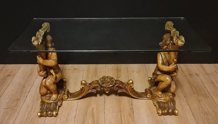 Centre table - Wood, two very charming cherubs holding up the glass top