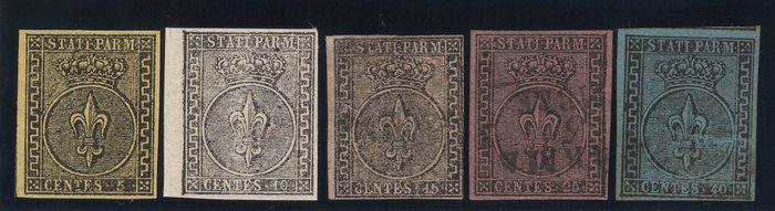 Antikke Italienske Stater - Parma 1852 - Parma | 1. kl. Komplet serie | Blandet nyt/brugt | 40c. Stor græsk | Underskrevet - Sassone ASI n. 1/5c