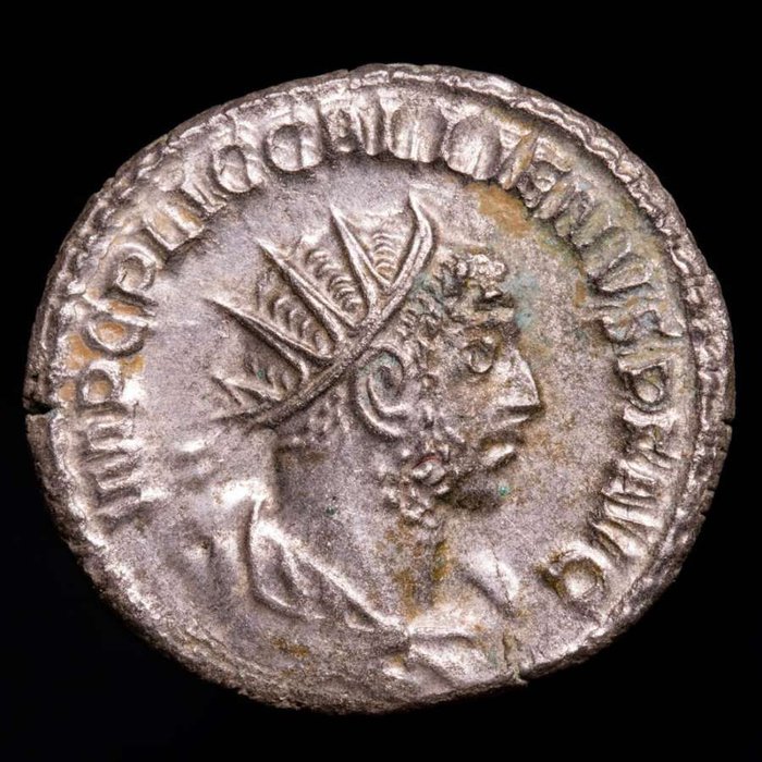 Römisches Reich. Gallienus (253-268 n.u.Z.). Antoninianus Antioch mint.  IOVI CONSERVATORI, Gallienus as a soldier receiving a globe from Jupiter, a wreath  (Ohne Mindestpreis)