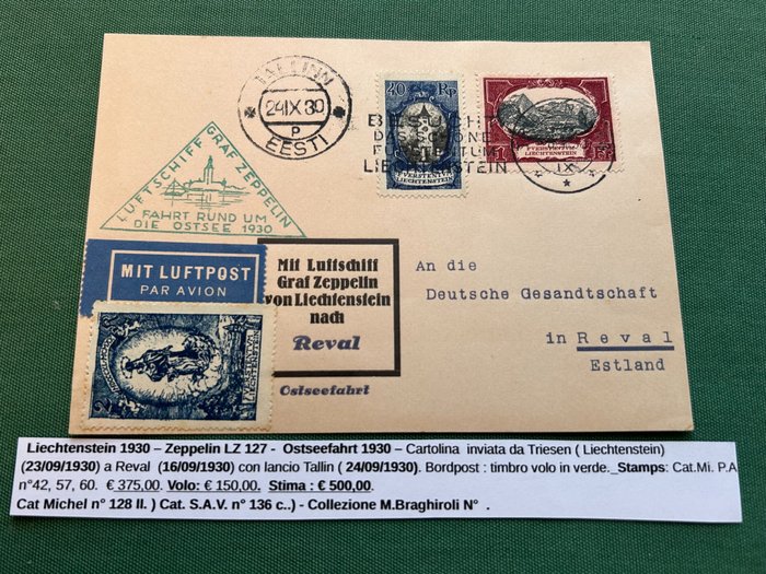 Postkartenbrief - Liechtensteiner Zeppelinflug LZ 127 Ostseefahrt 1930. Start Tallinn.