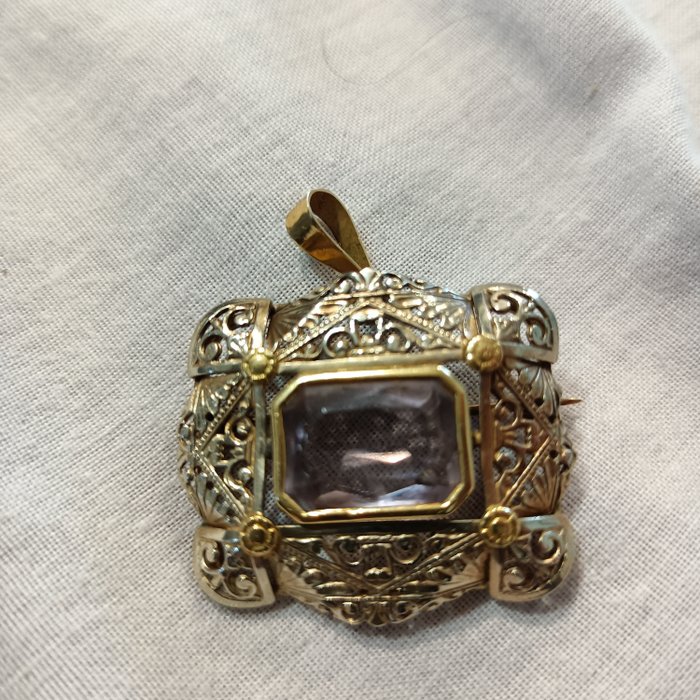 No Reserve Price - ponte vecchio - Brooch - 18 kt. Silver, Yellow gold Amethyst