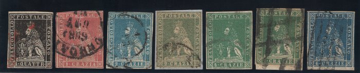 Antigos Estados Italianos - Toscânia 1857 - Espécimes usados e fragmentos | Várias assinaturas - Sassone ASI n.10-12-13-13b-14-14a-15a