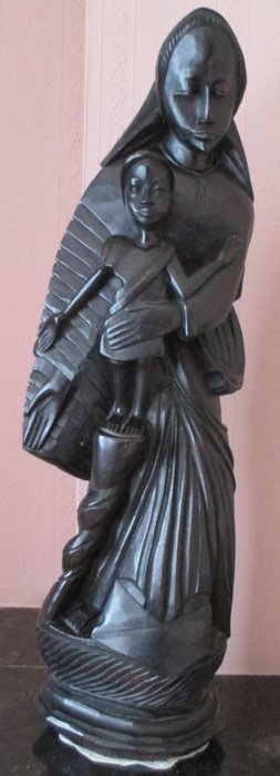 Escultura, Moeder en kind - 75 cm - Madeira