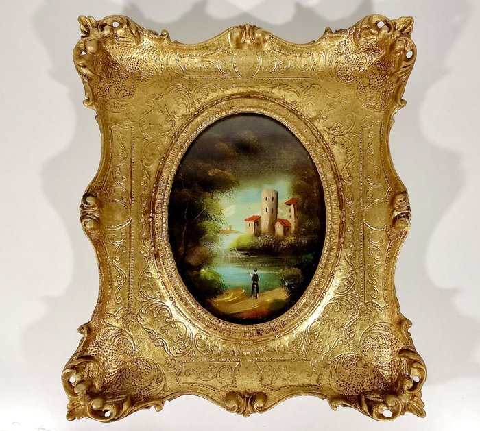 Ram  - Trä och guldstuckatur - Barock guldram med oljemålning (42 cm) - Konvext glas