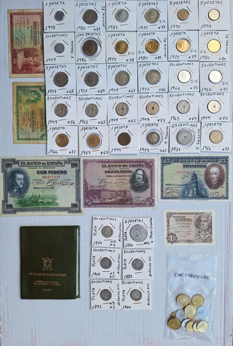 西班牙. Lote de 50 monedas + 6 billetes + 1 cartera 1870/1998  (没有保留价)