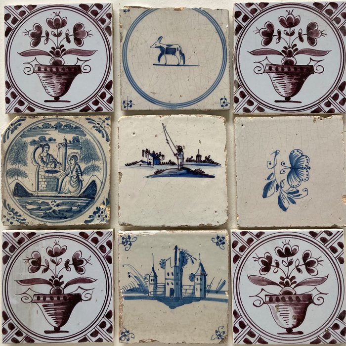 瓷磚 - 代爾夫特藍瓷磚鬱金香、毛衣、蝴蝶、聖經、城堡、漁夫（免費出價） - 1600-1650 