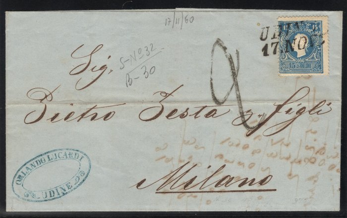 Antike italienische Staaten - Lombardo Veneto 1859 - Ltr von Udine nach Mailand | 15 blaue Münzen - Sassone ASI n. 32