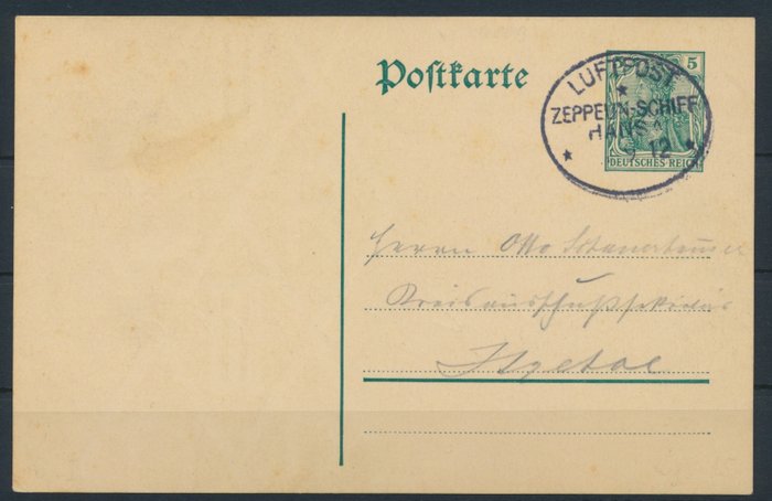 Saksan valtakunta - Zeppelin Pioneer Post - 1912 - Zeppelin-ilmalaiva Hansa, LZ 13, postipaperi 5 Pfg, postileima, aidosti kuljetettu - Sieger Nr. 6 I mit Bordpoststempel Type I  und Fotoattest Sieger BPP - selten -