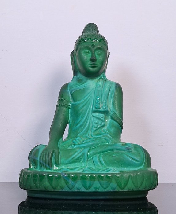 Josef Riedel Glasschmelze - Curt Schlevogt - Statue, Buddha - 20.5 cm - Malachitglas