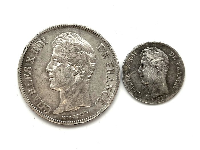 法國. 查理十世 (1824-1830). 1 Franc 1830-A et 5 Francs 1830-L (lot de 2 monnaies)  (沒有保留價)