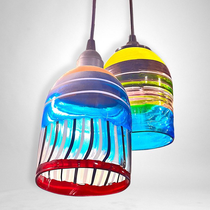 Filippo Maso - Plafondlamp (2) - Kleurrijke rieten lampen - Glas