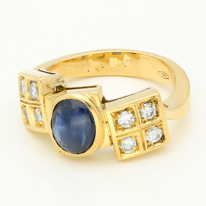 戒指 - 18 克拉 黃金 鉆石  (天然) - 藍寶石 